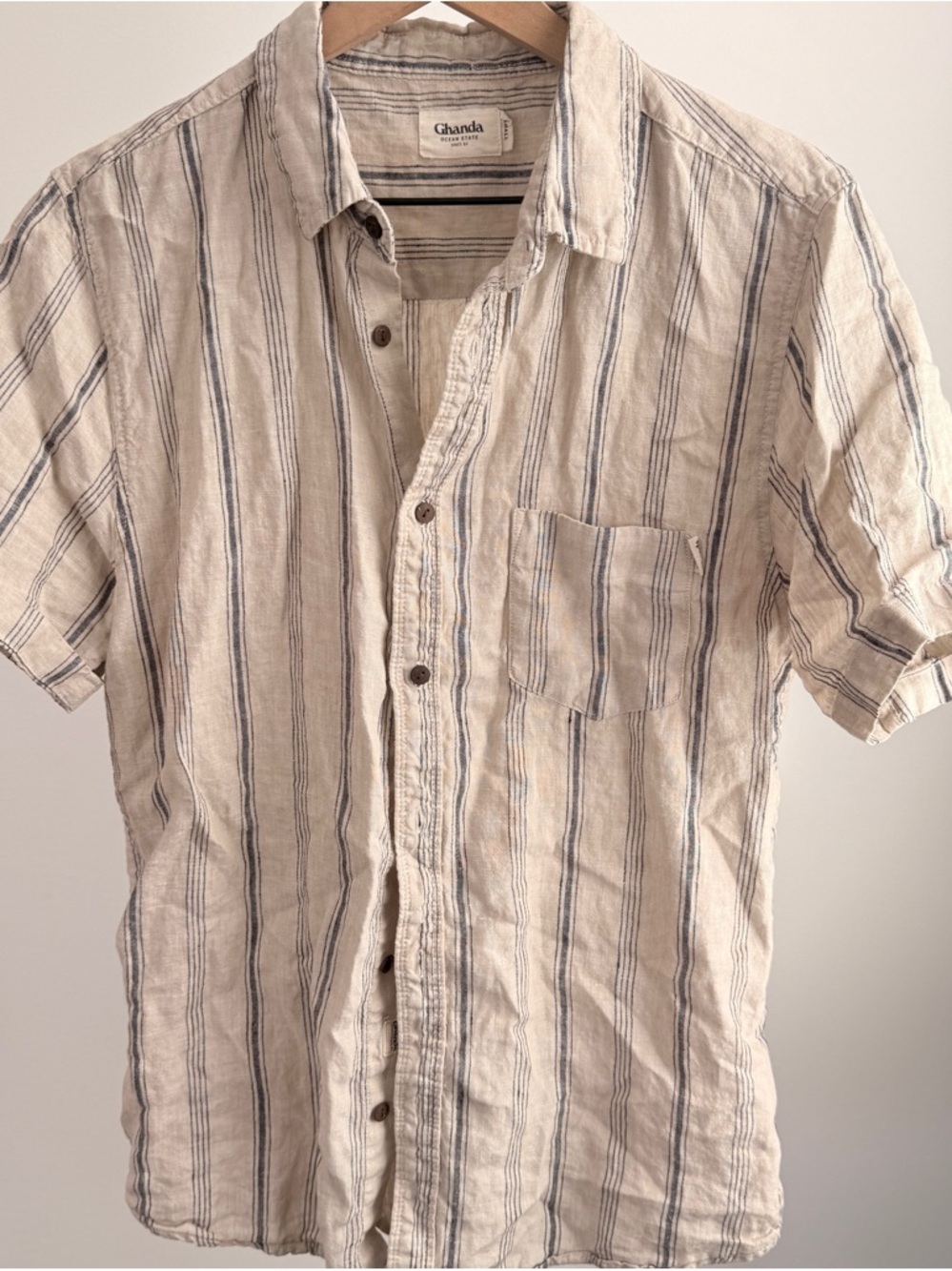 Ghanda Short Sleeve Linen-Blend Shirt in Cream with Blue Stripes Men’s Small